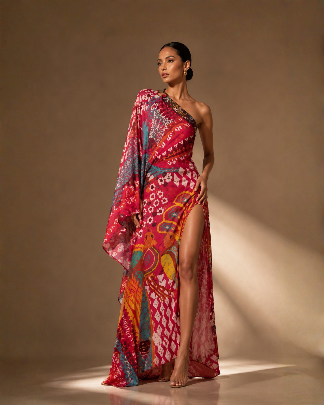 SAAKSHA & KINNI PINK PRINTED ONE-SHOULDER KAFTAN DRESS