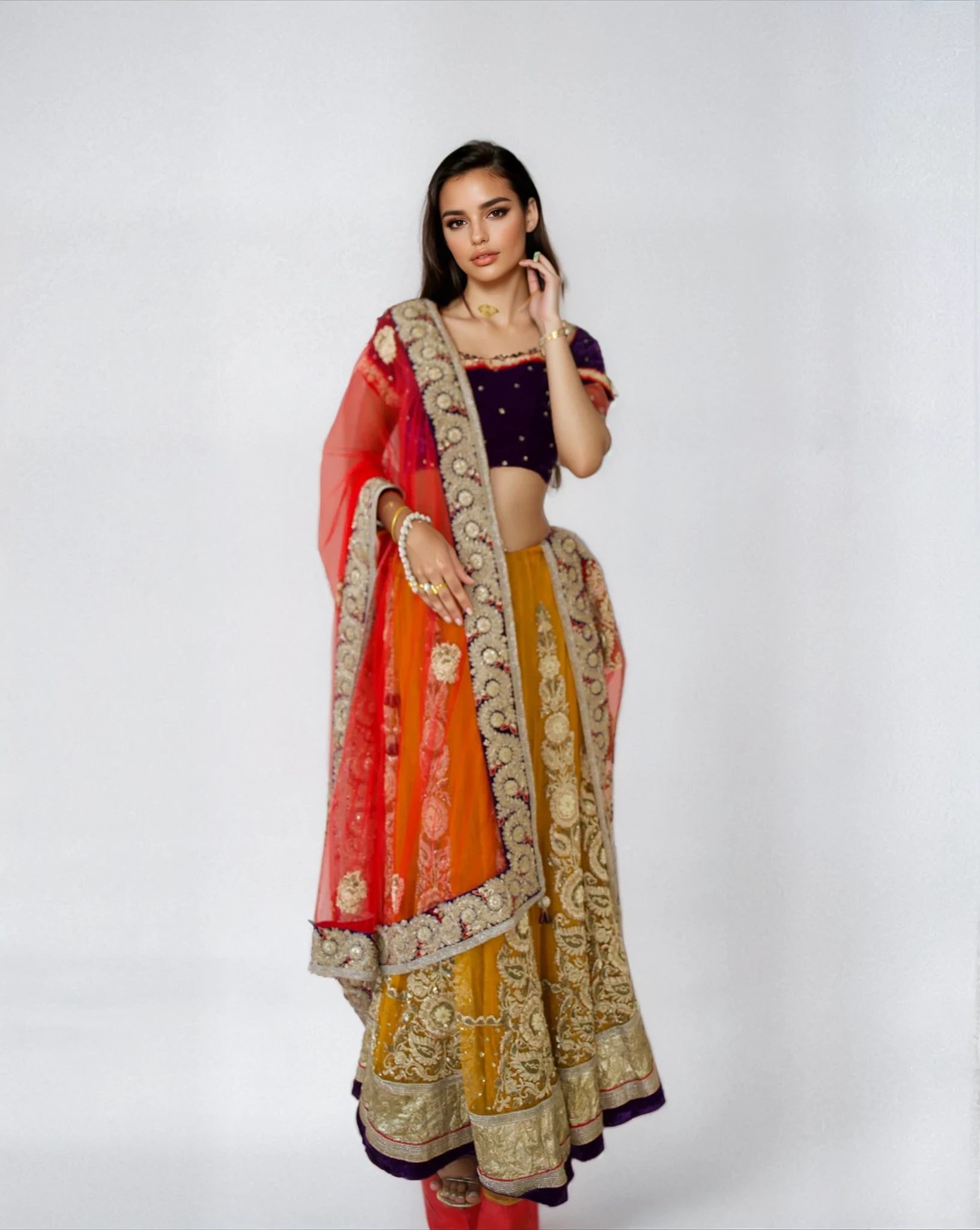DOLLY J MUSTARD, RED & PURPLE LEHENGA