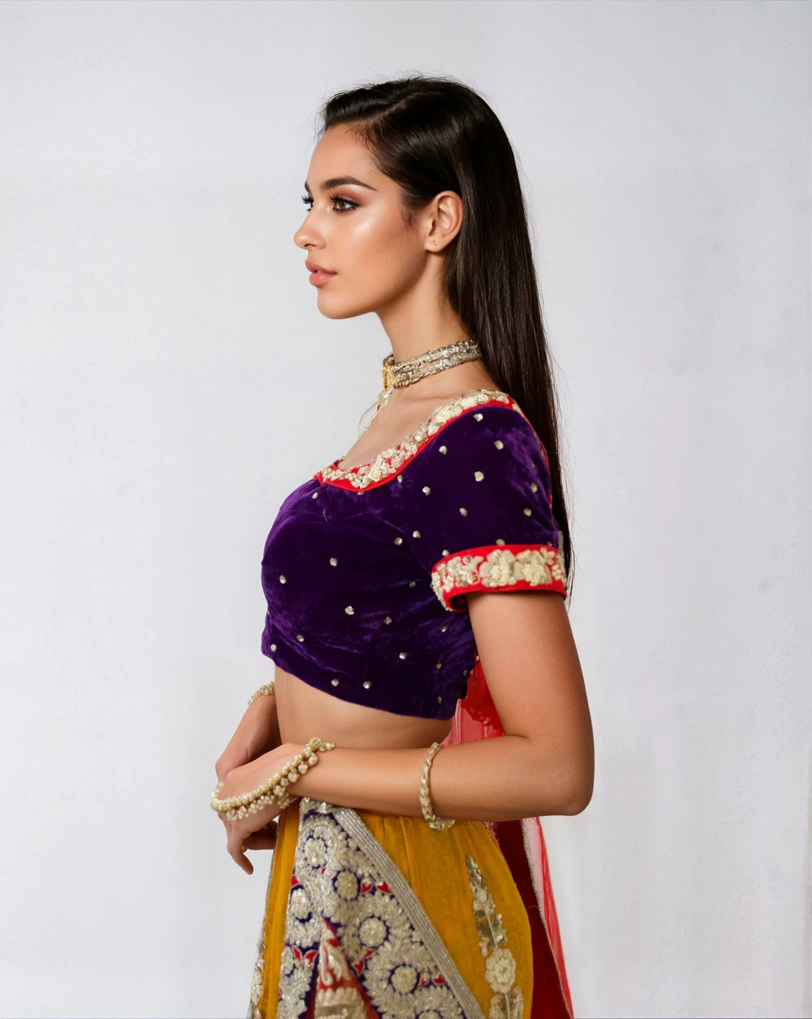 DOLLY J MUSTARD, RED & PURPLE LEHENGA