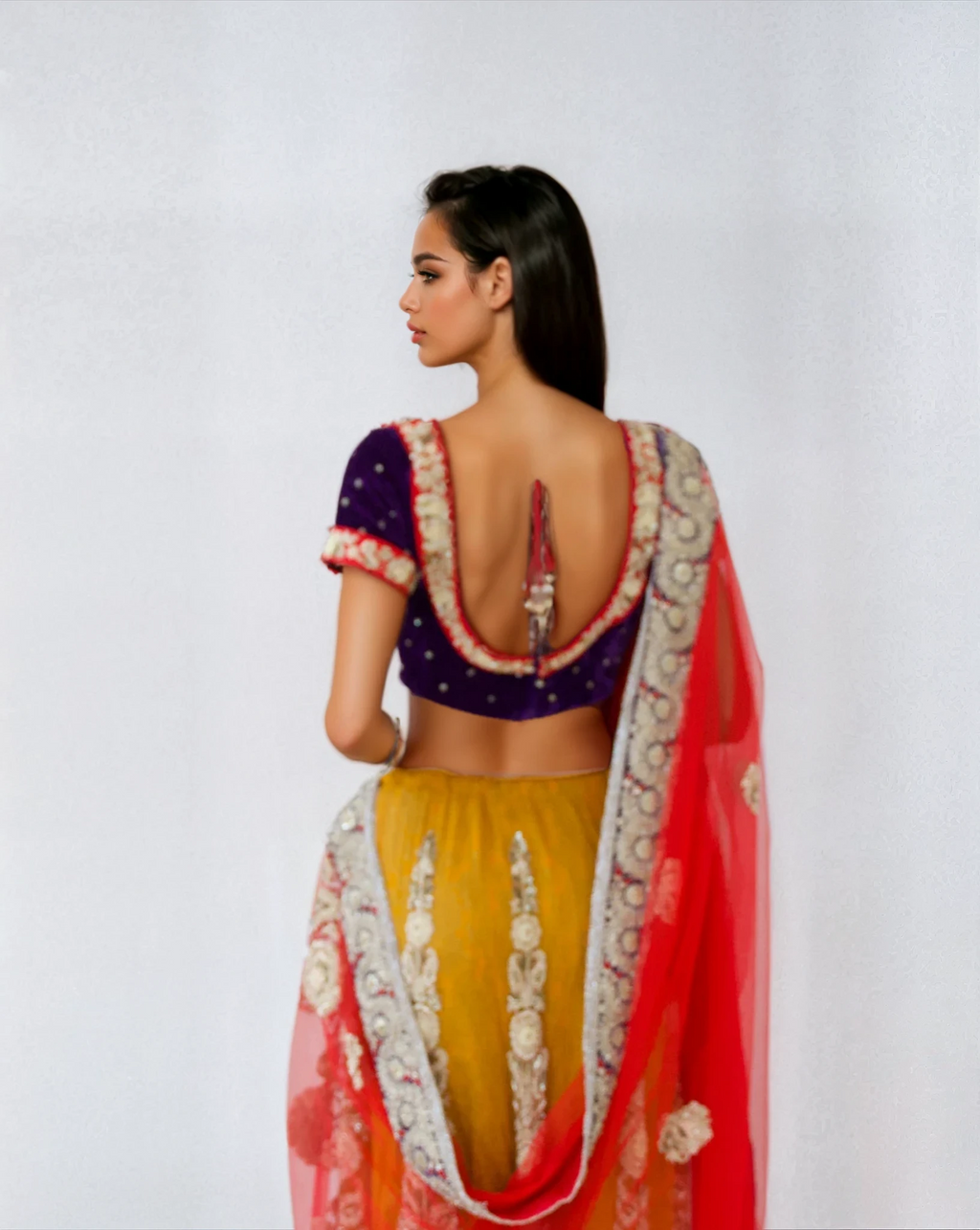 DOLLY J MUSTARD, RED & PURPLE LEHENGA