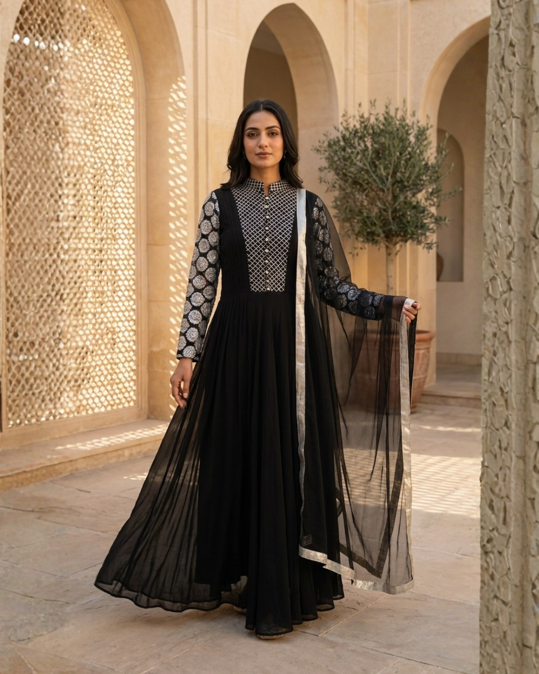 PANNA'S PANTRY BLACK & WHITE THREADWORK ANARKALI
