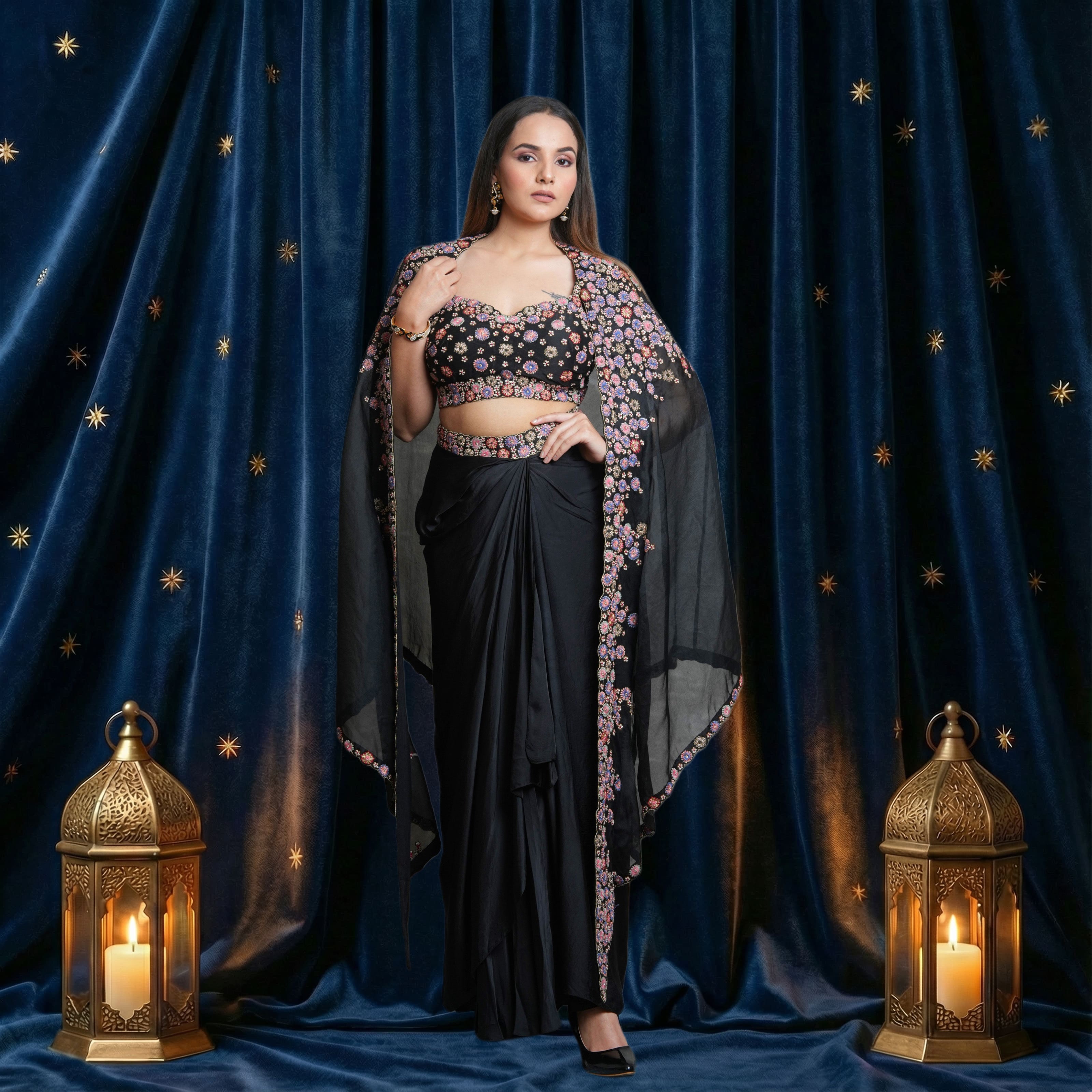 USHA BAGRI BLACK DRAPED CAPE SET