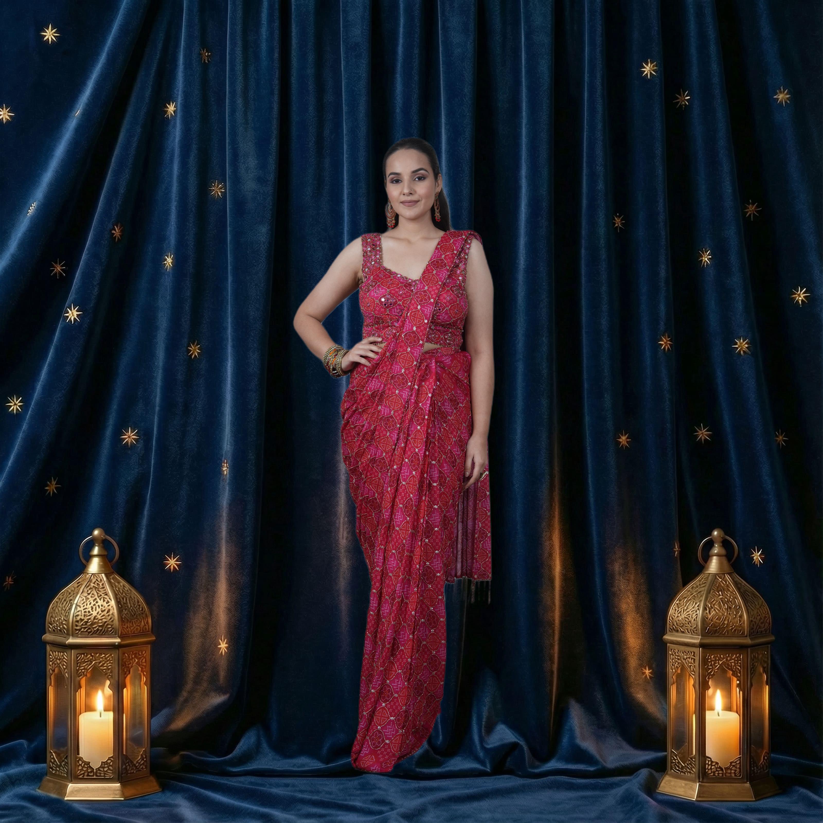 ARPAN VOHRA RED & PINK BANDHANI PRE-STITCHED SAREE