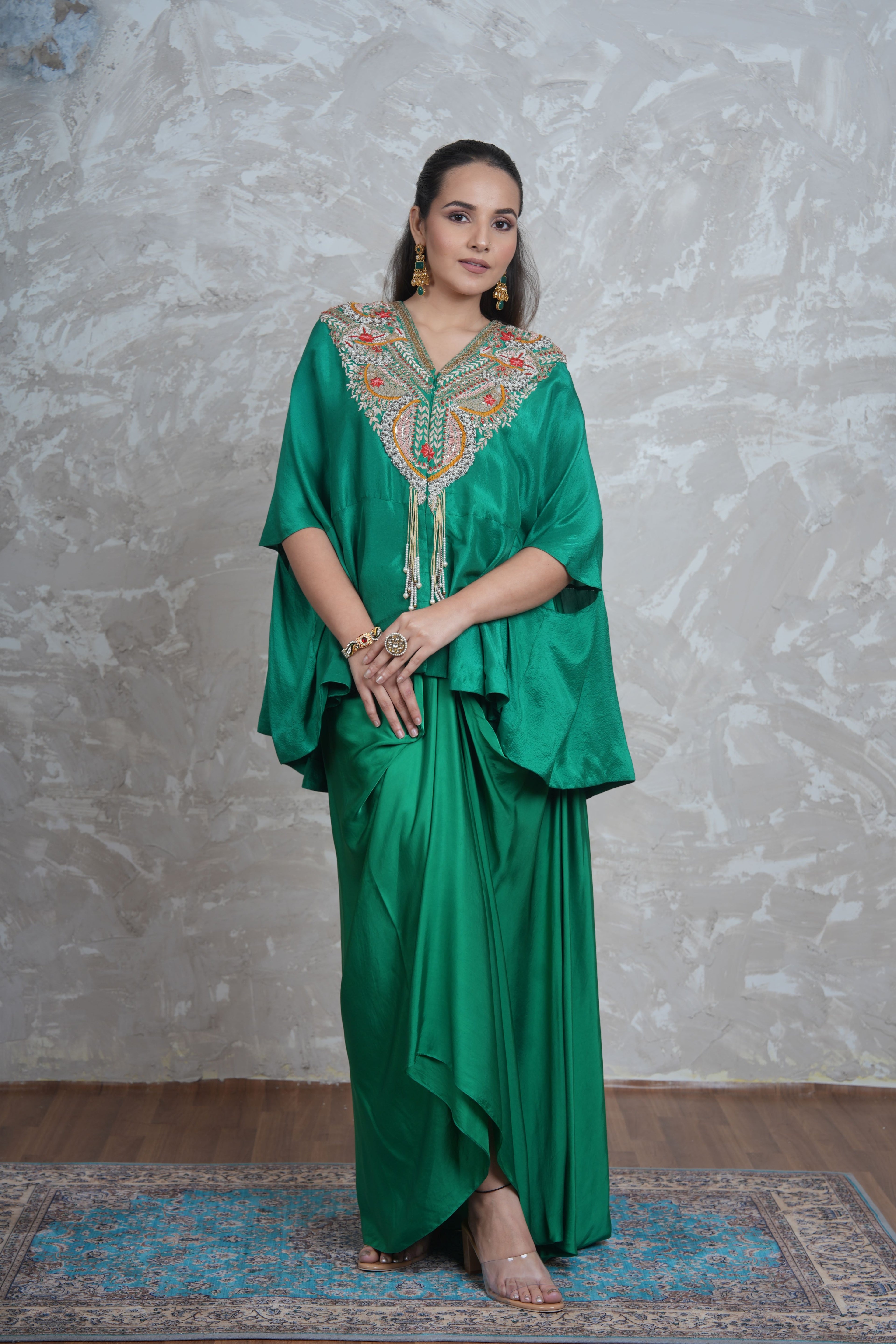 USHA BAGRI EMERALD GREEN CAPE AND SKIRT SET