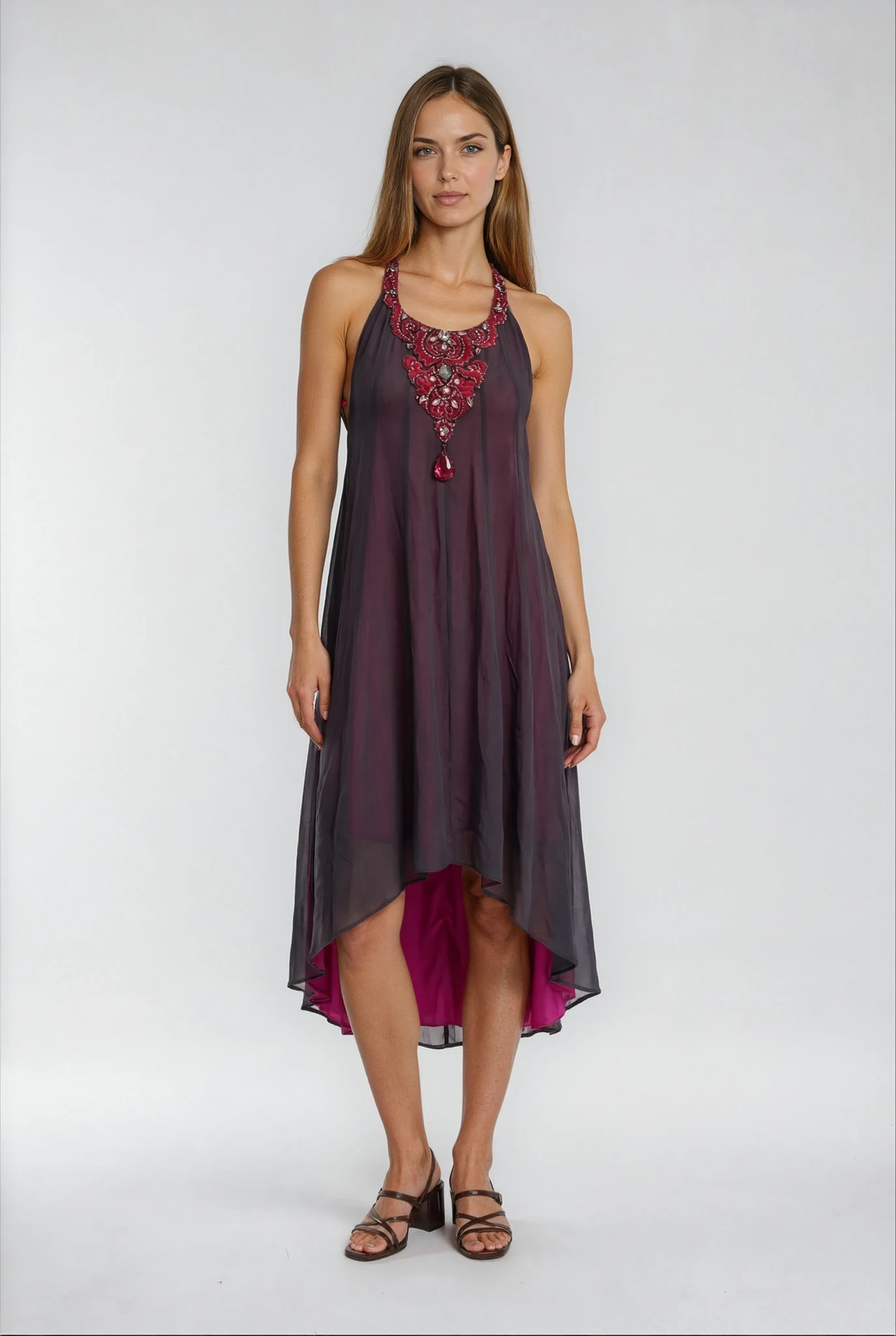 ARCHANA KOCCHAR GREY AND HOT PINK HI-LOW MIDI DRESS
