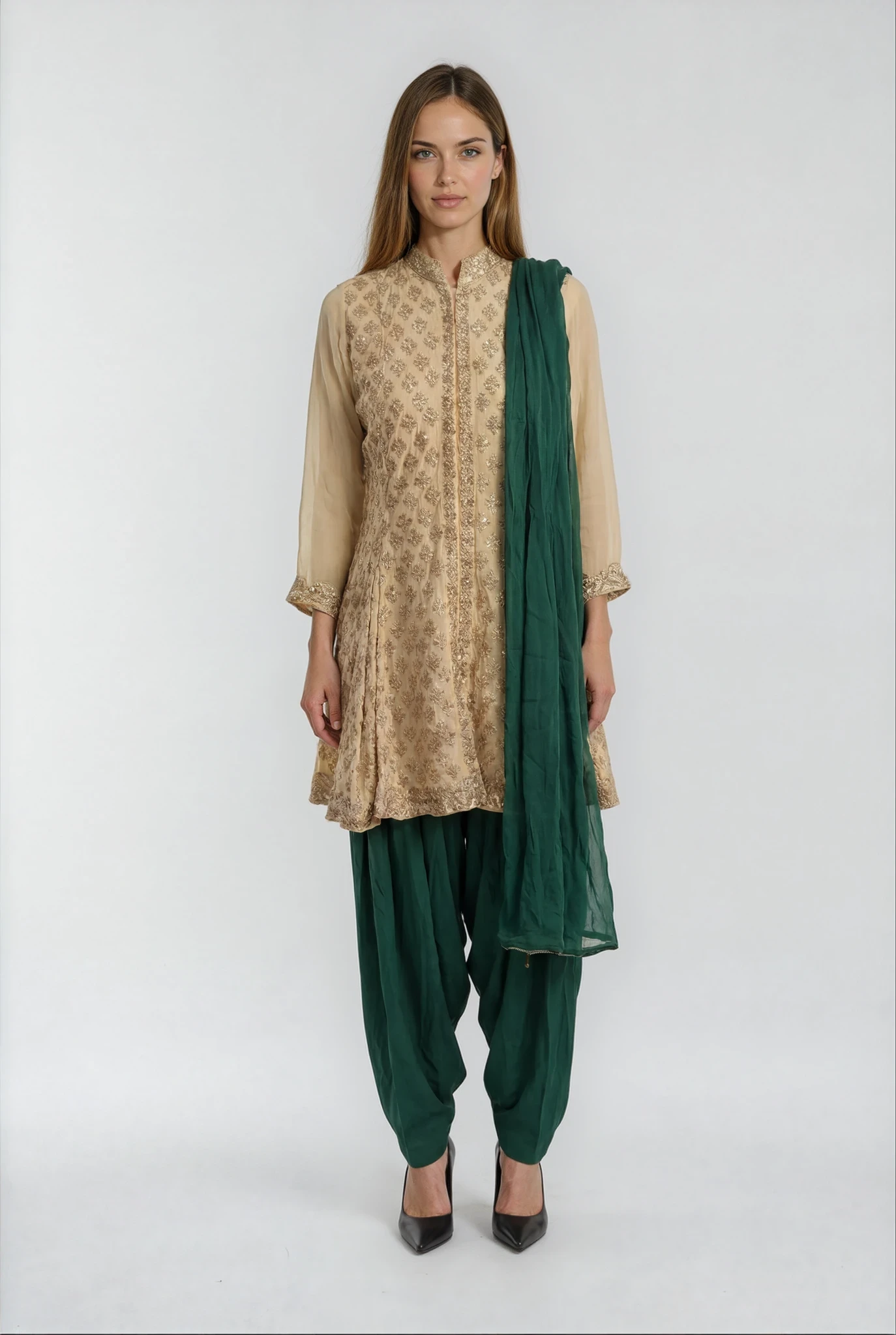 PANNA'S PANTRY BEIGE AND DARK GREEN KURTA SET