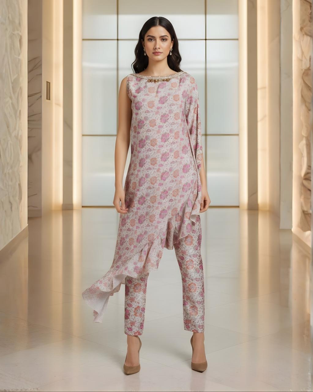 RABANI & RAKHA PINK PRINT ASYMMETRICAL KAFTAN PANT SET