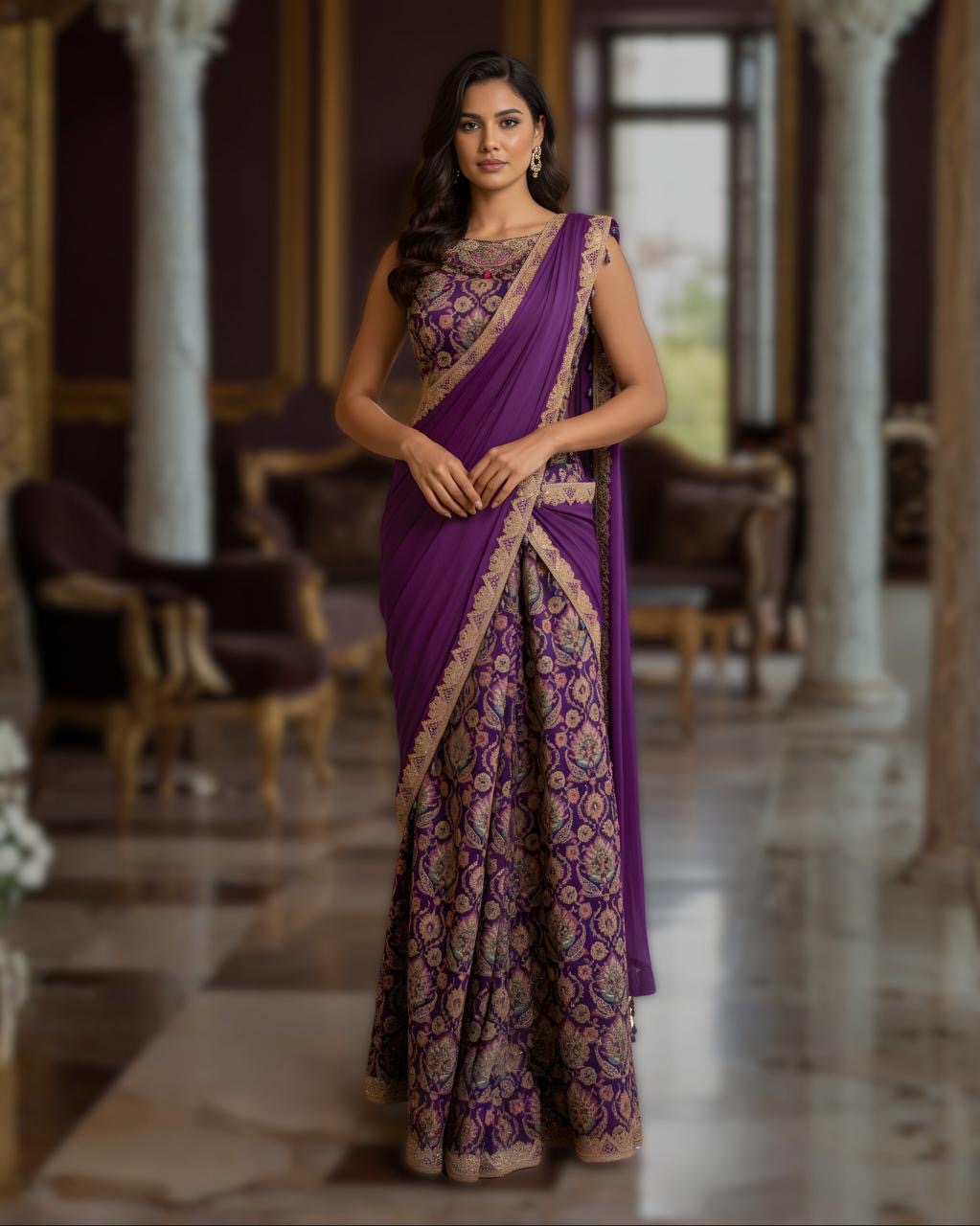 RABANI & RAKHA PURPLE PRE-STITCHED SAREE SET