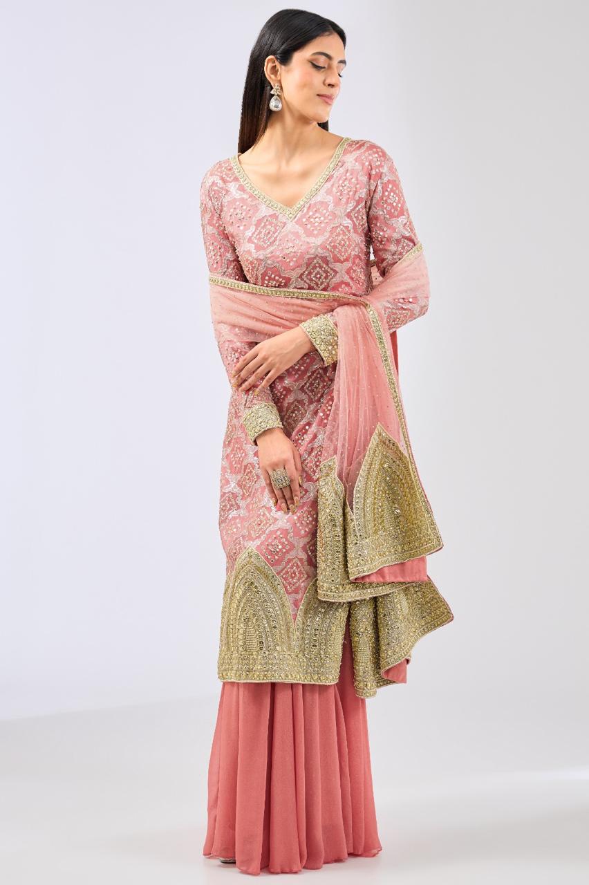 RABANI & RAKHA DUSTY ROSE PINK SHARARA KURTA STYLE SET