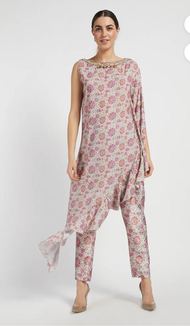 RABANI & RAKHA PINK PRINT ASYMMETRICAL KAFTAN PANT SET