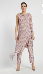 RABANI & RAKHA PINK PRINT ASYMMETRICAL KAFTAN PANT SET