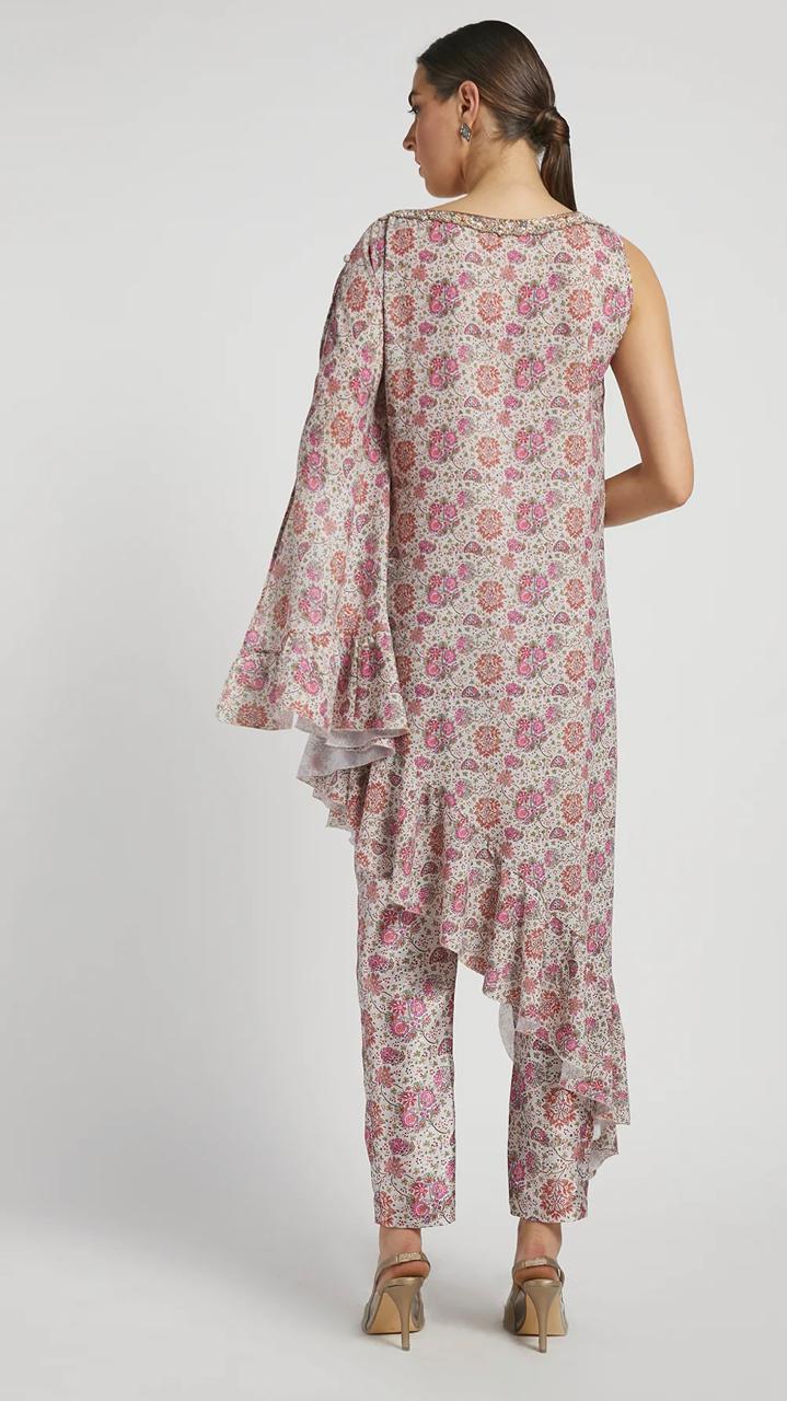 RABANI & RAKHA PINK PRINT ASYMMETRICAL KAFTAN PANT SET