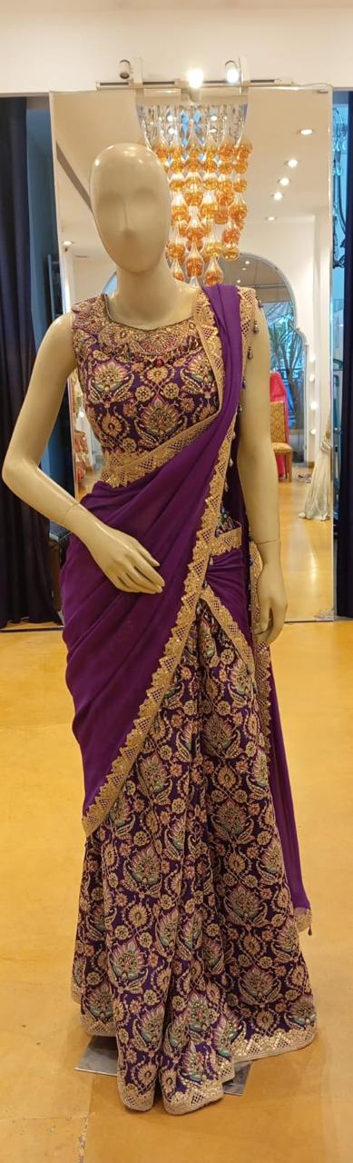 RABANI & RAKHA PURPLE PRE-STITCHED SAREE SET
