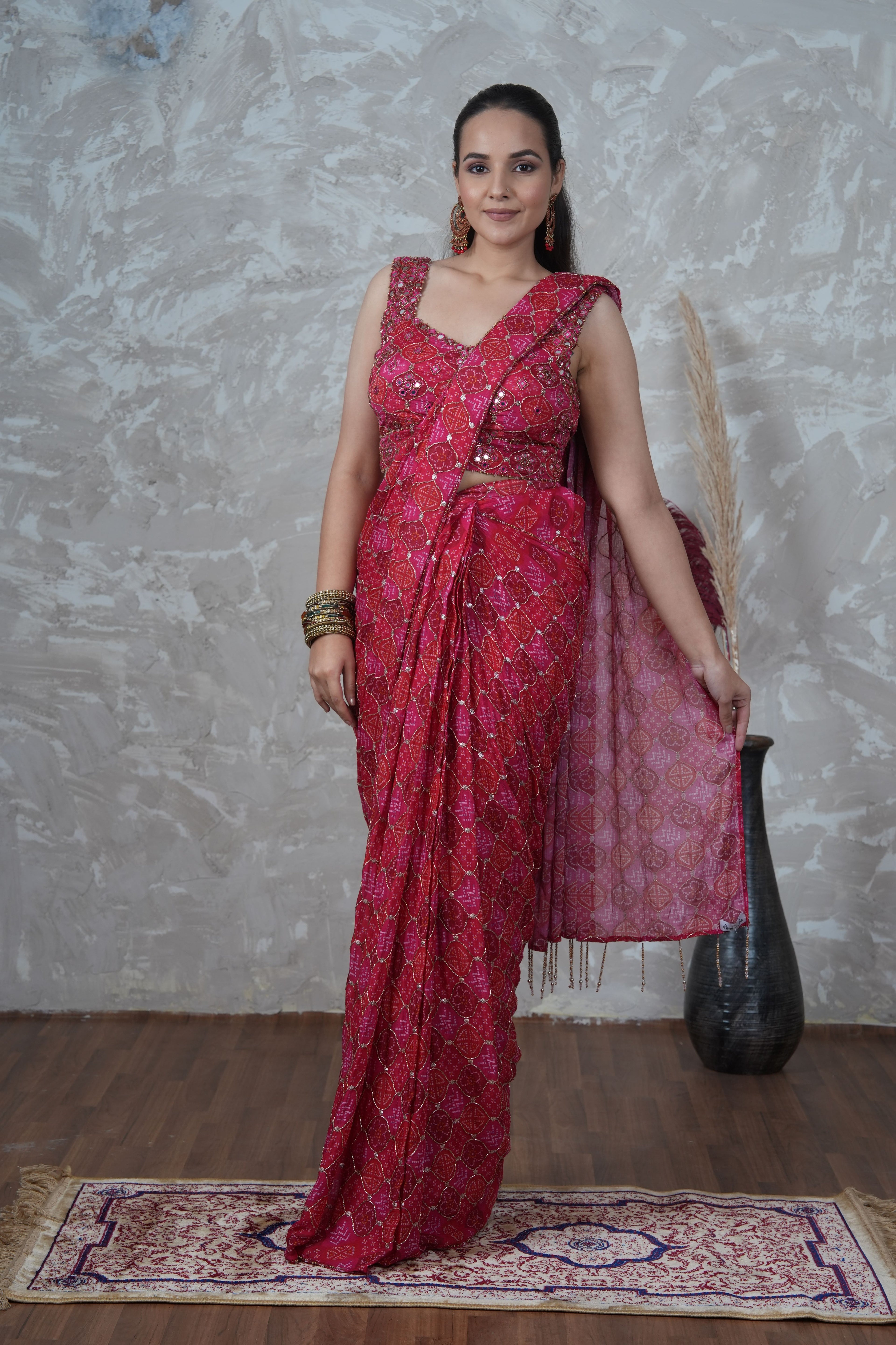 ARPAN VOHRA RED & PINK BANDHANI PRE-STITCHED SAREE